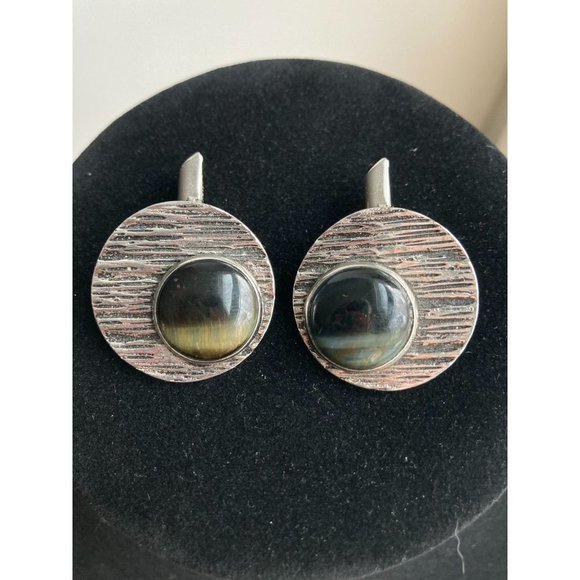 925 Sterling Silver & Blue Tigers Eye Large Circle MCM Abstract Cufflinks Vintag - Picture 2 of 8